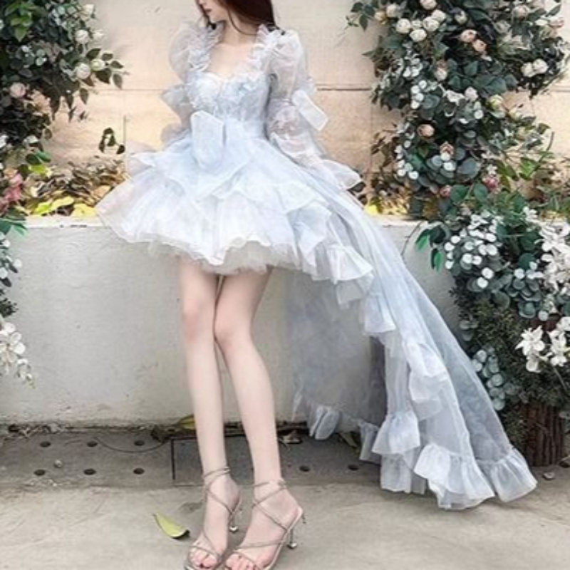 Women Formal Wear For Graduation - فستان لوليتا حلو بأكمام منفوخة فرنسية،