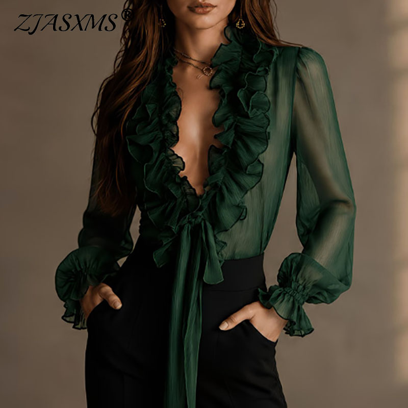Women Formal Wear Tops - بلوزة نسائية أنيقة شفافة بلون واحد،