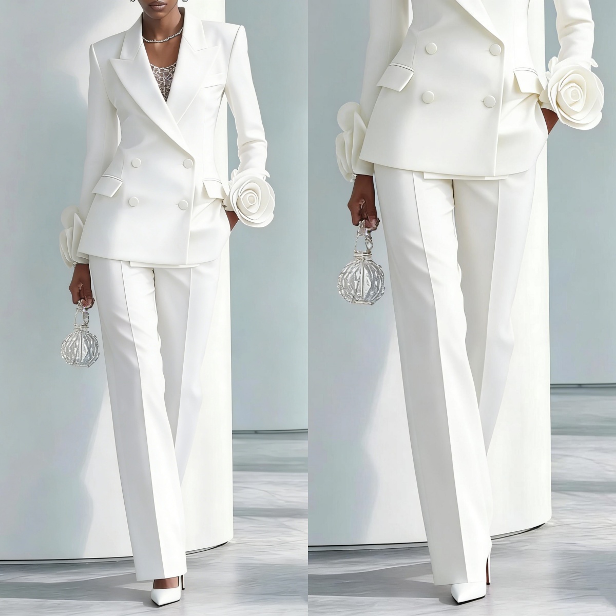 Women Formal Wear For Graduation - بدلة نسائية من قطعتين بزهور بيضاء،