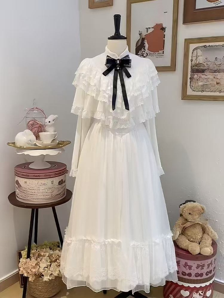 Women Formal Wear With Skirt - اليابانية قصيرة الأكمام القوس فستان الدانتيل