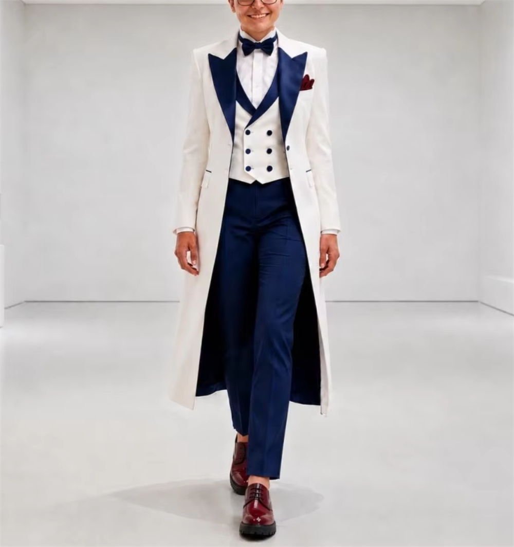 Women'S Formal Wear For A Wedding - سترة نسائية زرقاء داكنة وبيضاء أنيقة